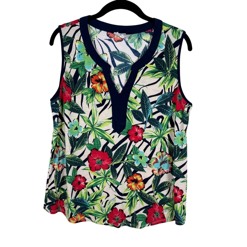 Naif Sleeveless Top Women L Multicolor Tropical Floral Zebra Split V-Neck Breezy